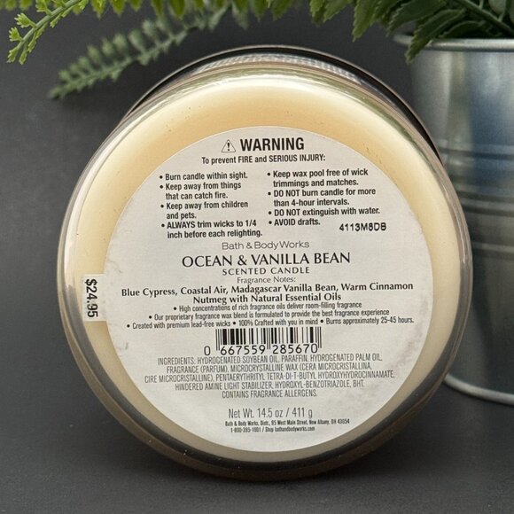 BBW Ocean + Vanilla Bean Bath & Body Works 3 Wick Candle - Picture 9 of 10